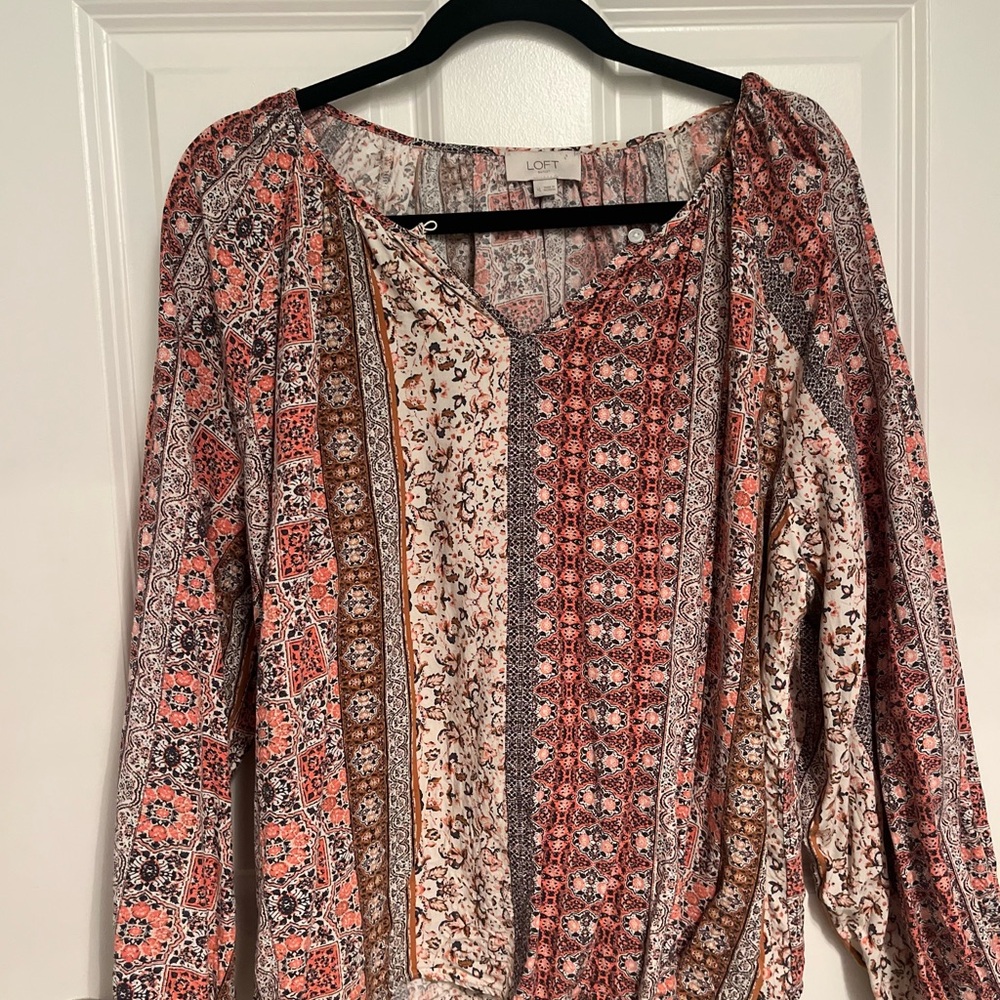 LOFT Brown and Orange Relaxed Patterned Blouse